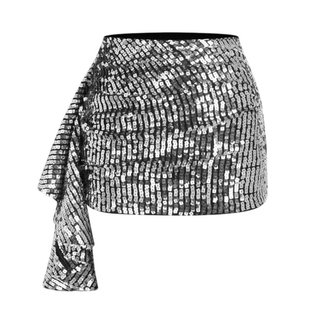Cider Sequins Low Rise Ruffle Hem Mini Skirt in Black/Silver, Size M